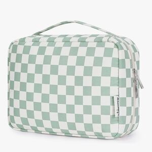 Green and White Checkered Cosmetic Bag